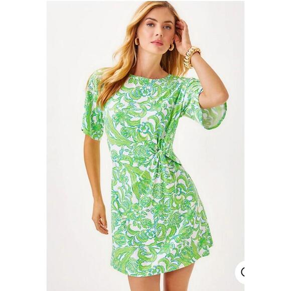 Lilly Pulitzer Short Sleeve Green and White Floral Print Dress with Side Tie - Picture 1 of 11